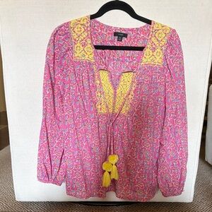 J. Crew Pink Floral Tunic Blouse with Yellow Embroidery